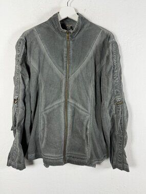 XCVI Womens Full Zip Jacket Washed Grey Ruched Sleeve D-Ring Moto Utility Large